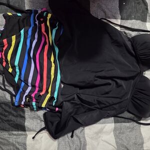 Black One-Piece Swimsuit with Multicolor Striped Side Panels